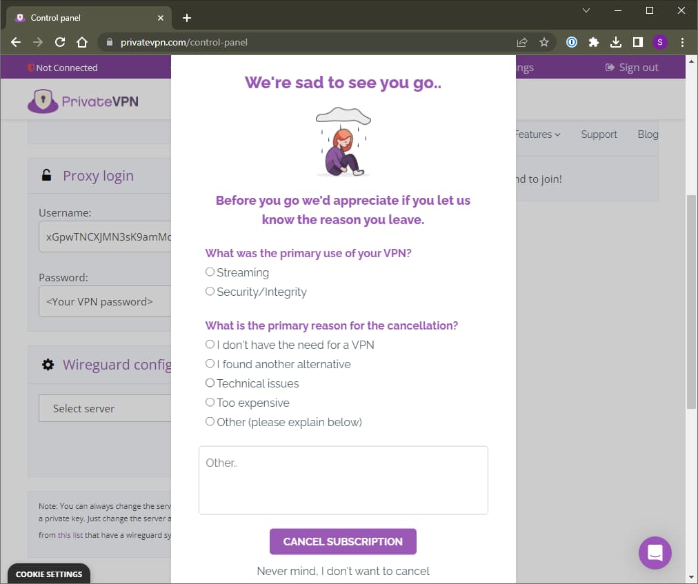 Private VPN's cancel subscription page 