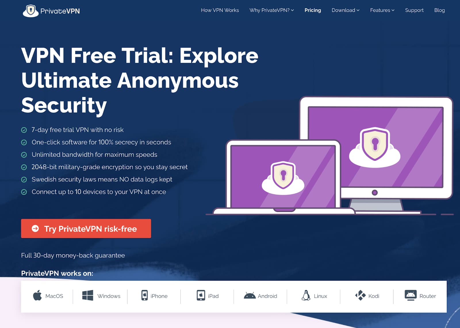 PrivateVPN's free trial page