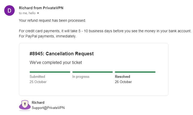 PrivateVPN refund email
