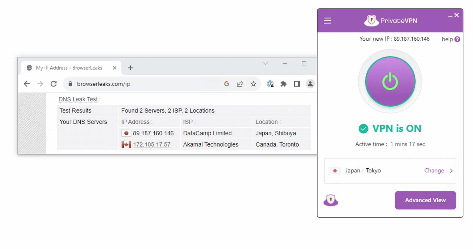 Screenshot of DNS leak test with PrivateVPN showing a DNS server based in Toronto.