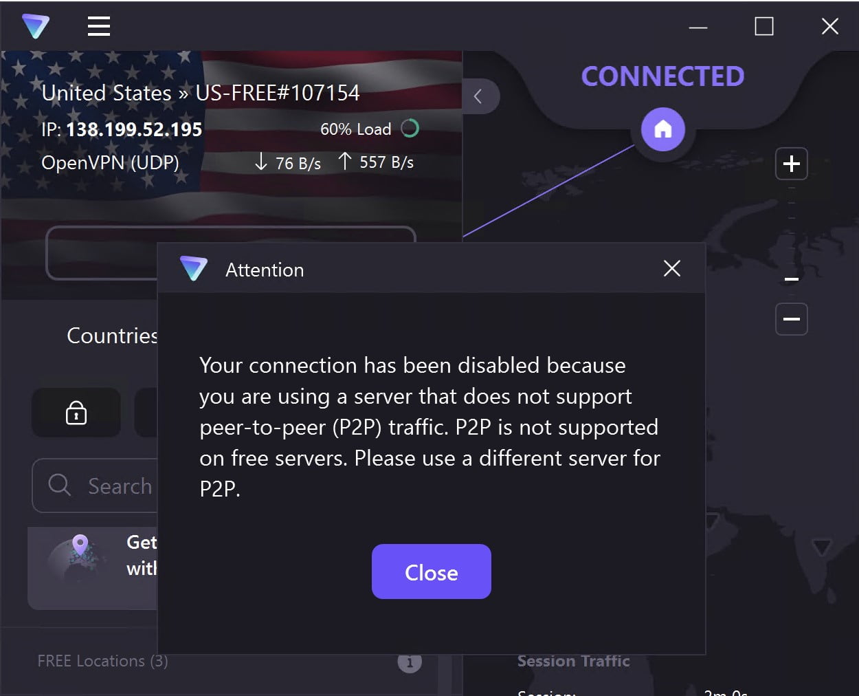 Proton VPN Free blocks P2P traffic