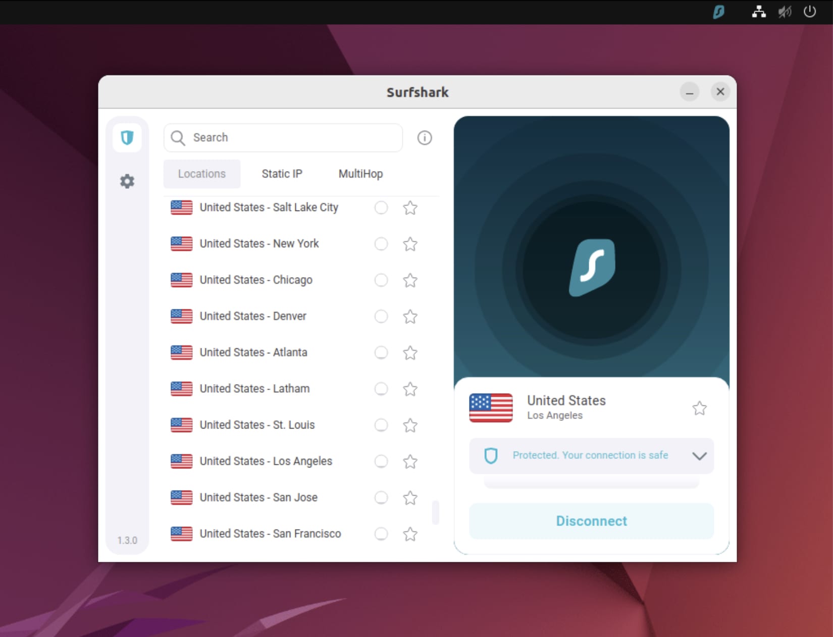 The home screen of the Surfshark app for Linux.