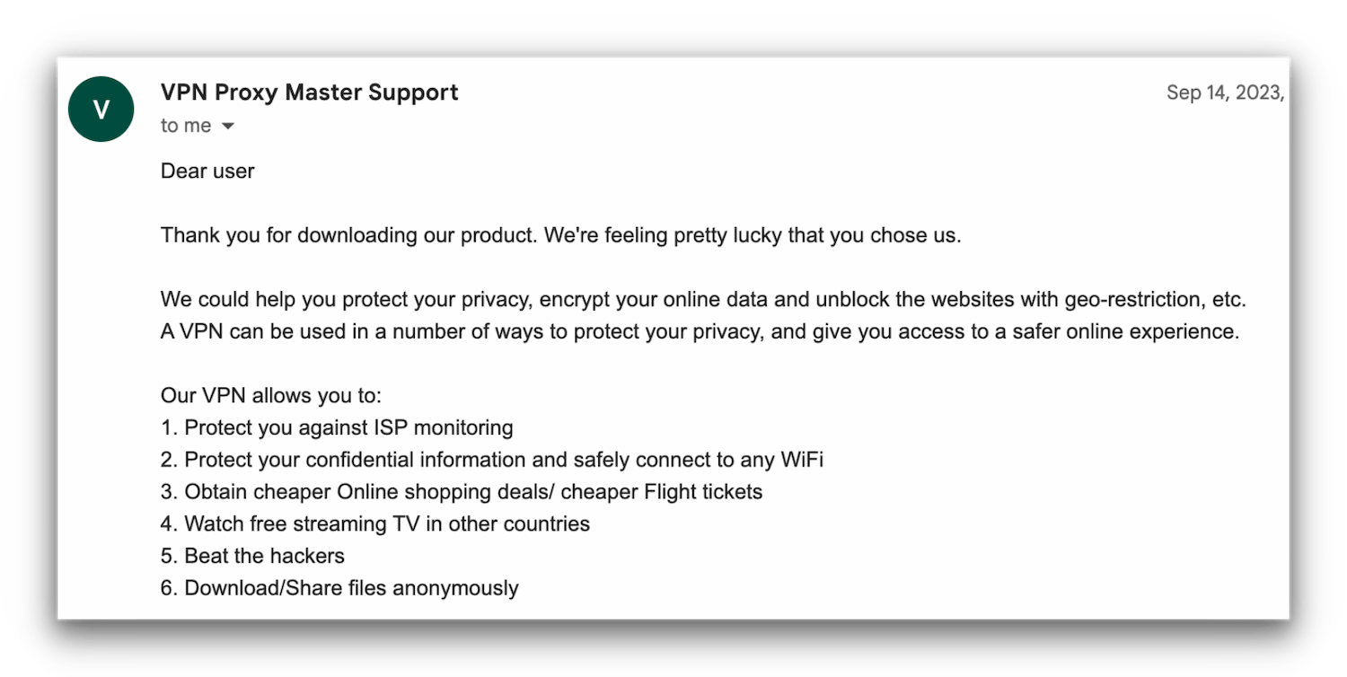 Screenshot of an email from VPN Proxt Master answering a question.