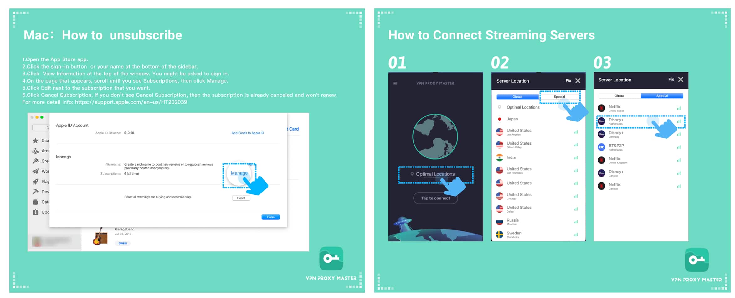 Screenshots of tutorial images provided by VPN Proxy Master.