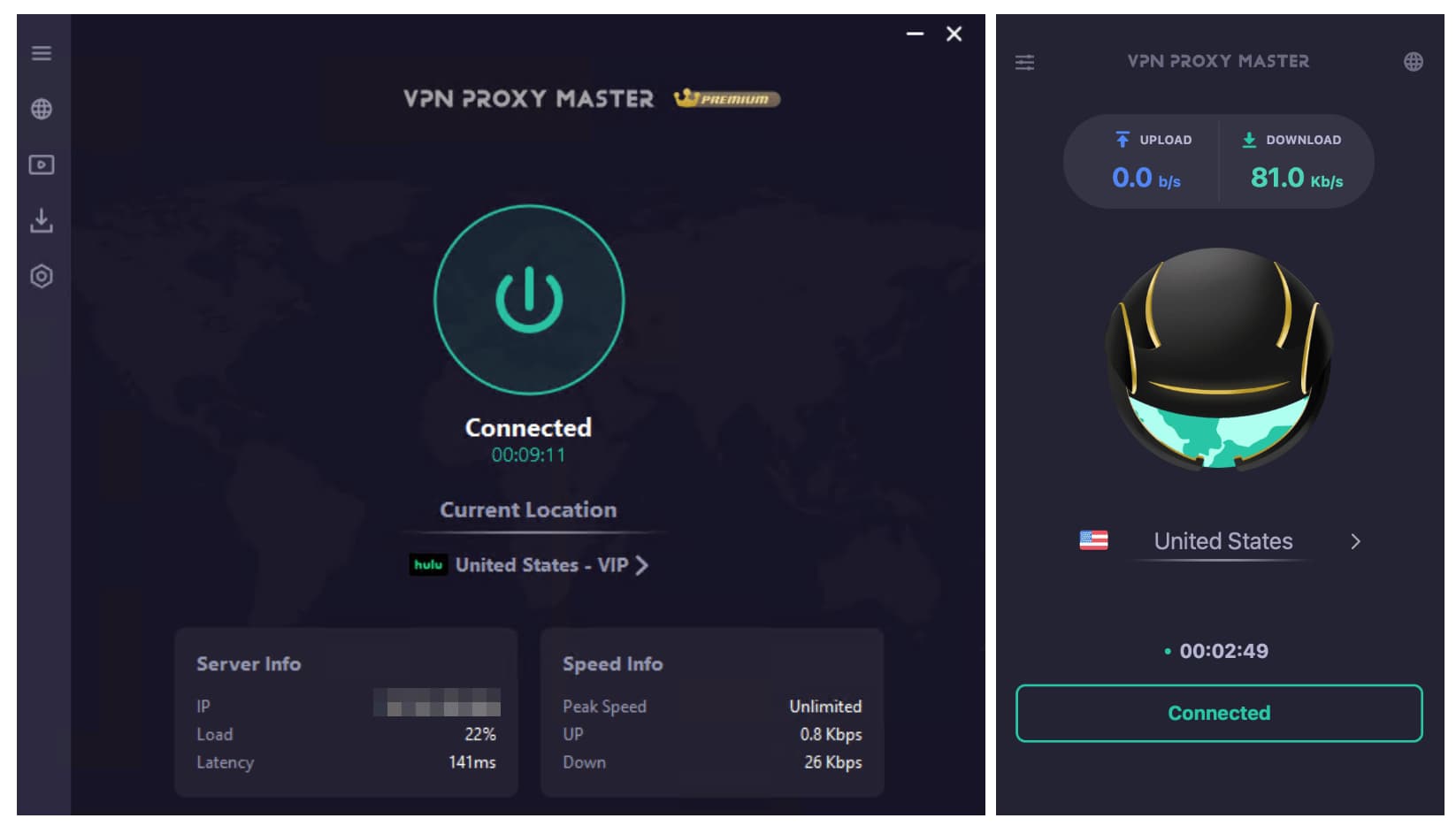 Screenshots of VPN Proxy Master on desktop.