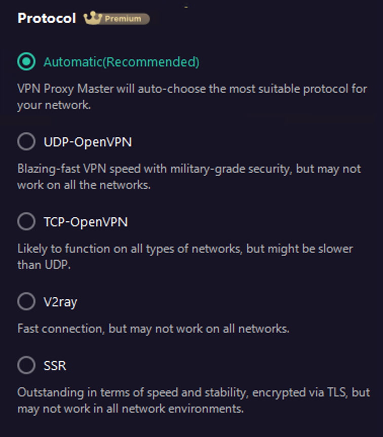 VPN Proxy Master Premium protocol list.
