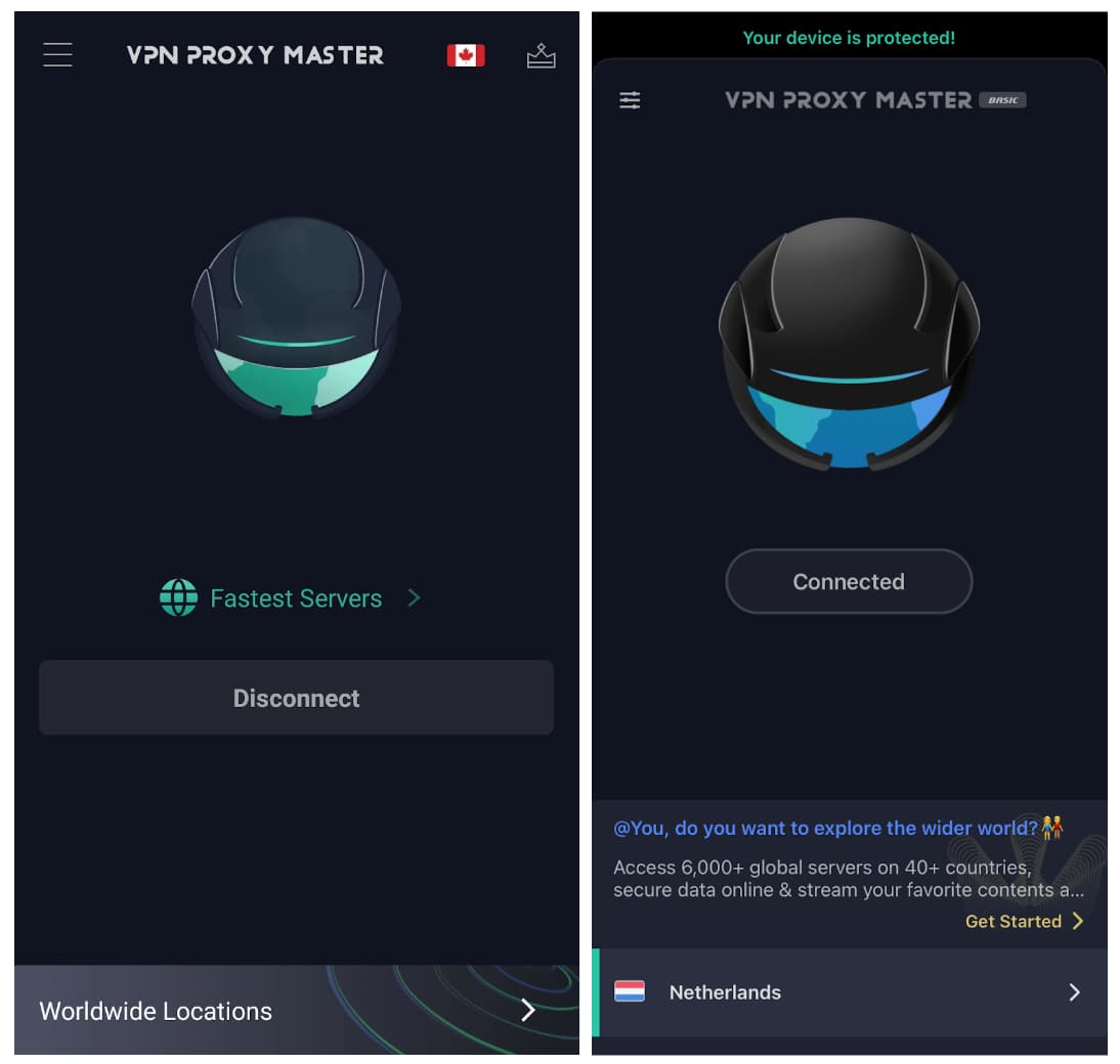 Screenshots of VPN Proxy Master Premium on mobile.