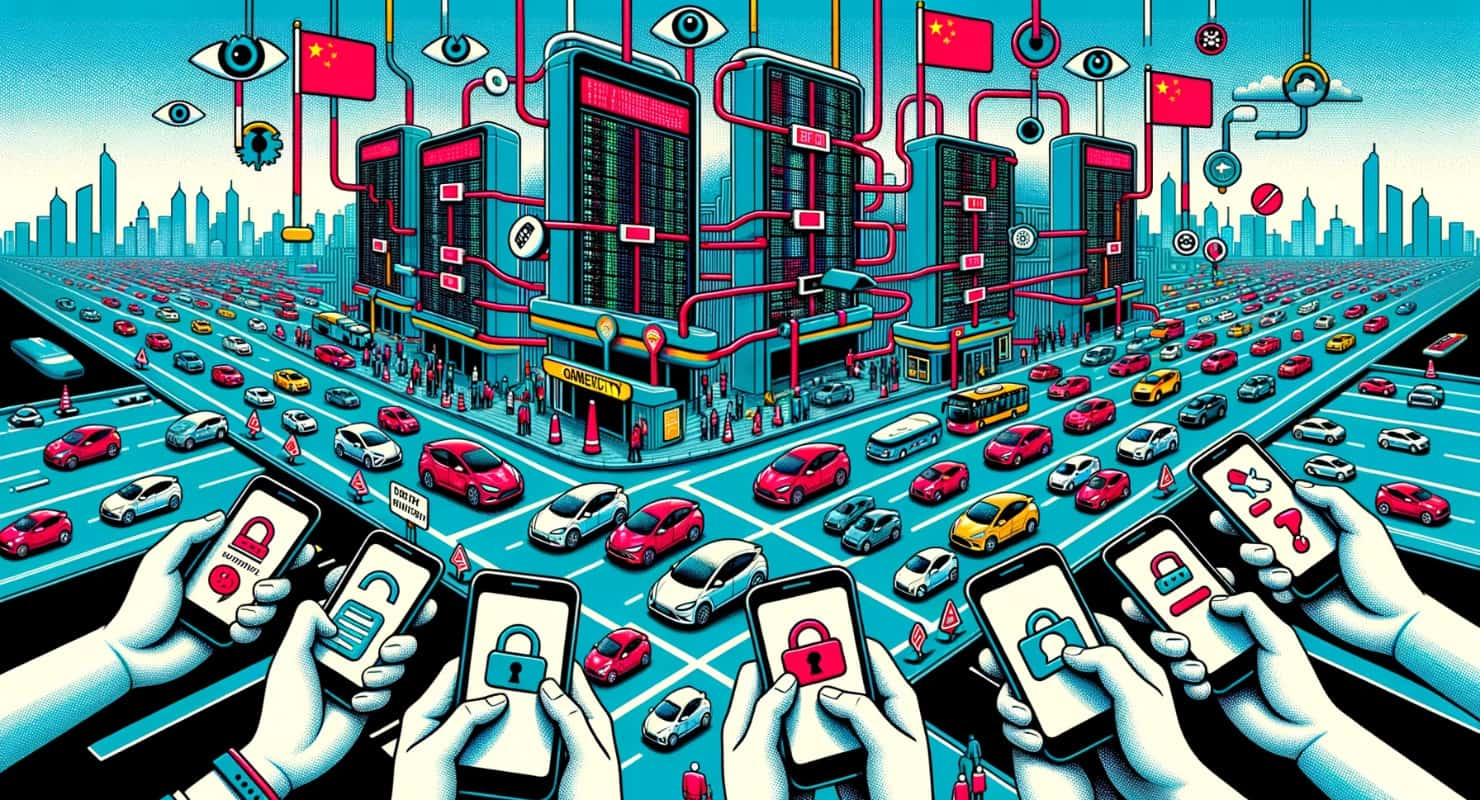 Header illustration for data privacy investigation of Chinese EVs showing smartphones and electric cars