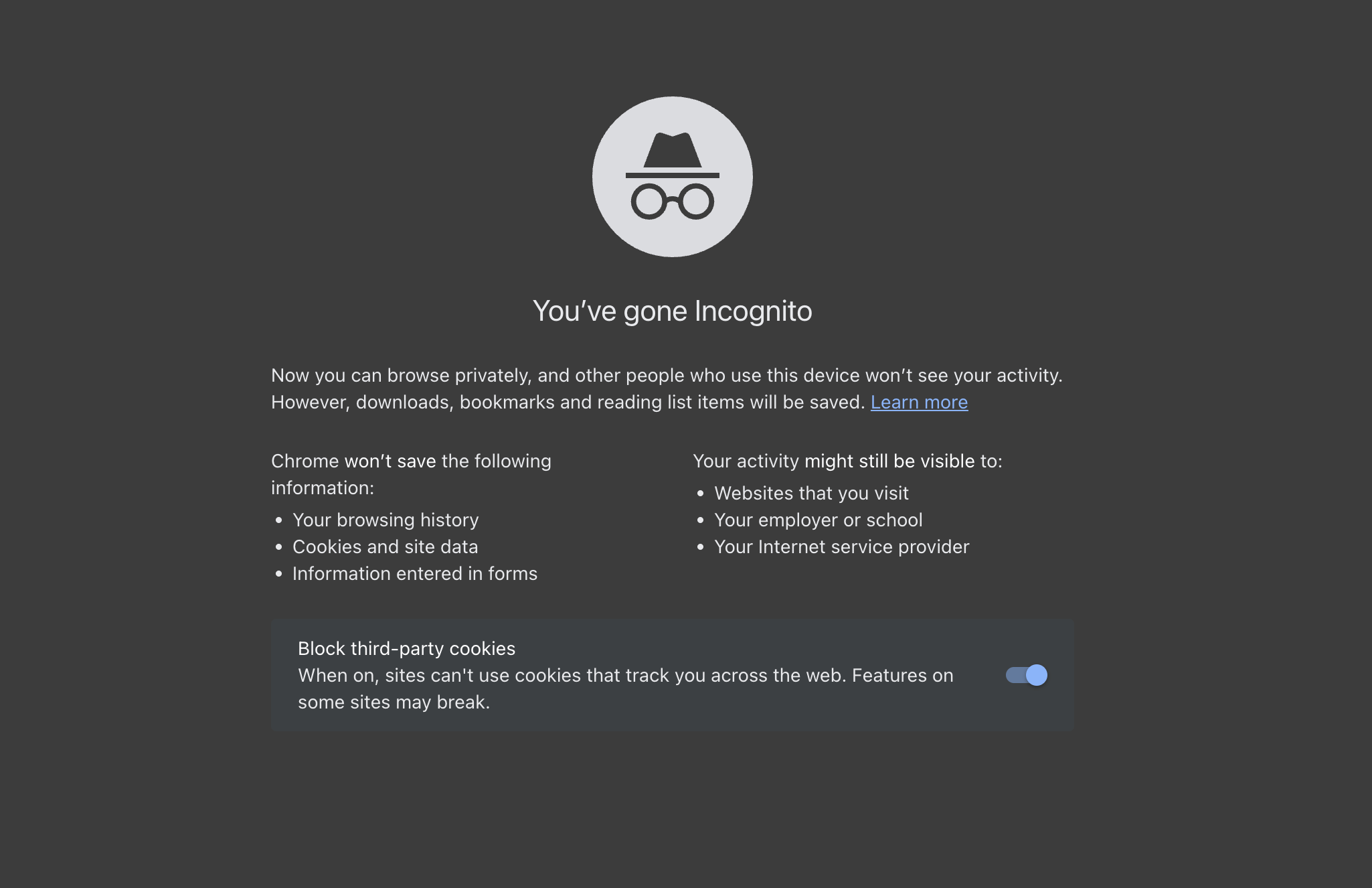 Aviso legal del modo incógnito de Google Chrome