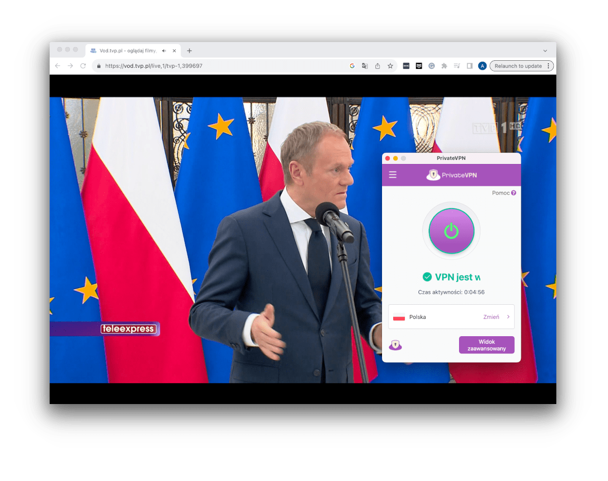 PrivateVPN odblokowujący TVP Vod