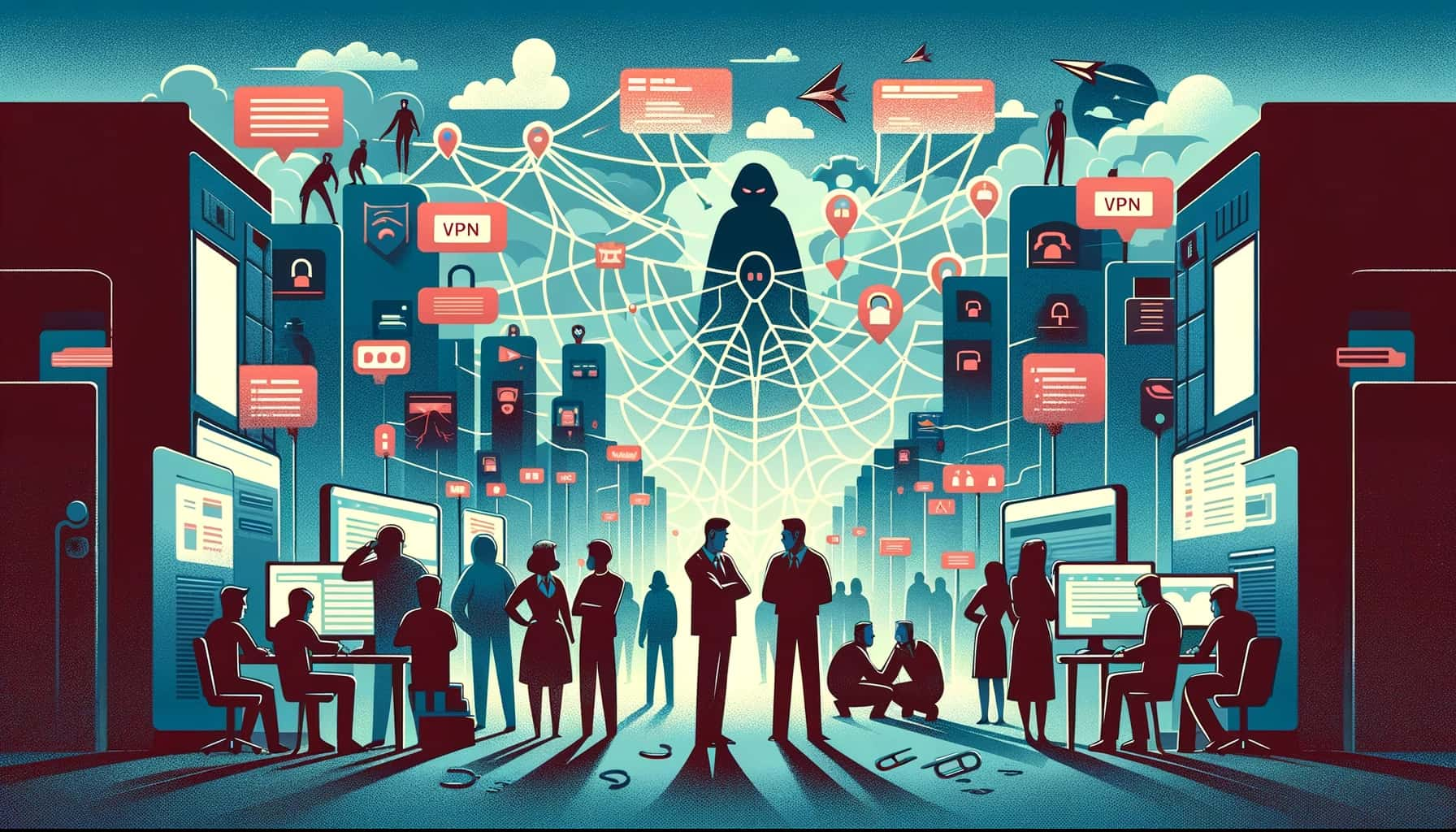 Free VPN Ownership investigation main illustration showing shadowy figures operating free VPN services