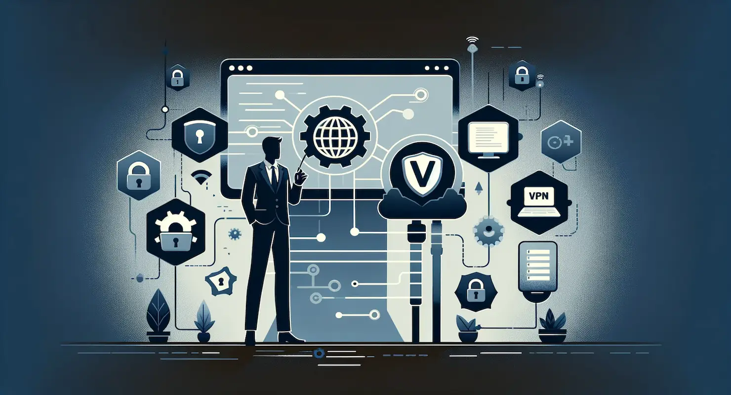 VPN Vulnerability 2023 report header illustration showing a man in front of a computer screen and other devices using a VPN