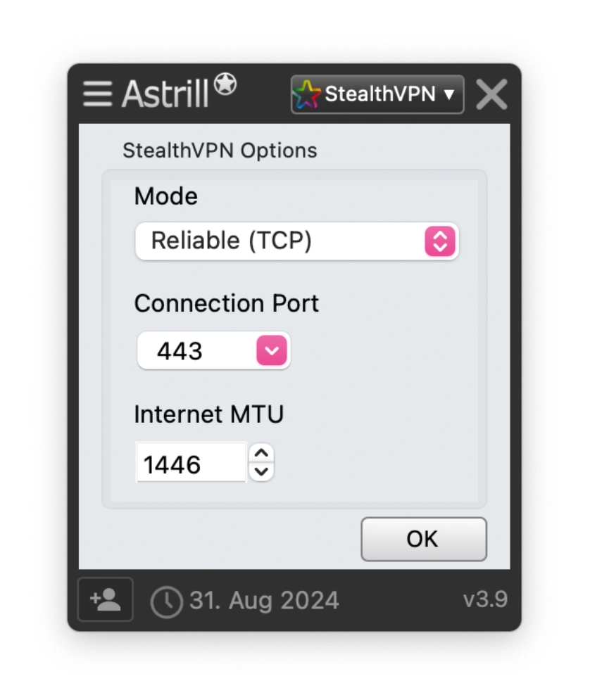 Screenshot of Astrill VPN's Stealth VPN settings.