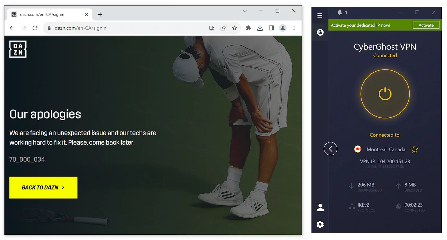Screenshot showing CyberGhost failing to access DAZN Canada. A web browser is displaying an error message on DAZN's website. The message reads "Our apologies. We are facing an unexpected issue and our techs are working hard to fix it. Please, come back later. On the right side of the screen, a CyberGhost VPN interface is visible, indicating a connection to Montreal, Canada.