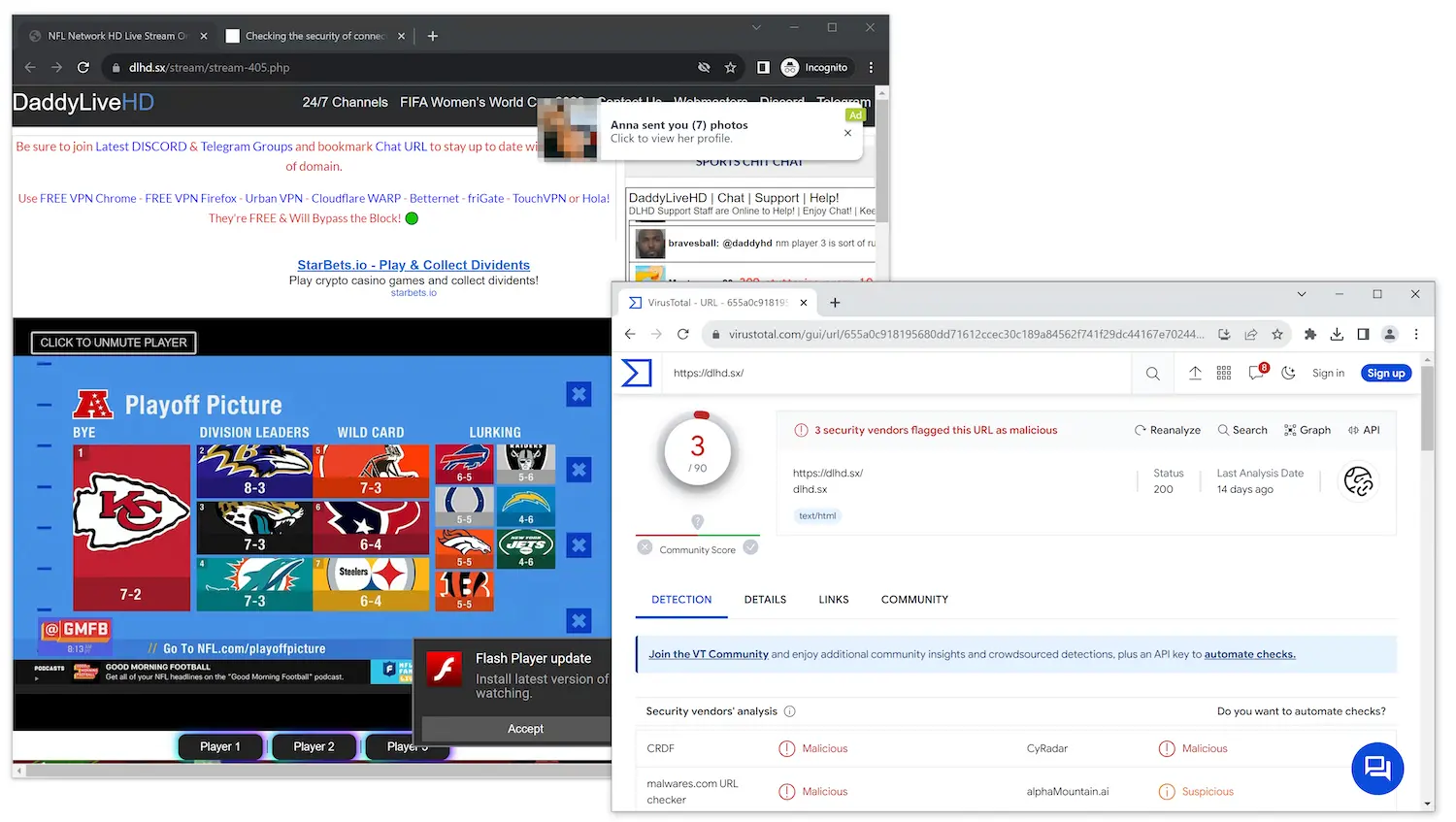 A cluttered DaddyLiveHD window, showing an NFL live stream, live chat feed, and an ad notification. The other window shows a security test finding DaddyLiveHD to be potentially malicious.