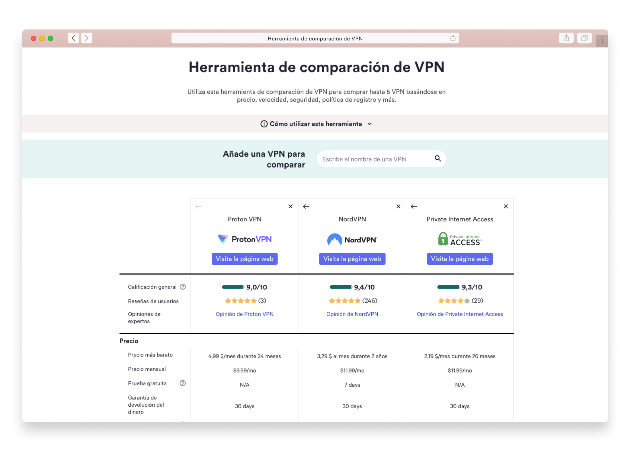 Herramienta de comparación de VPN