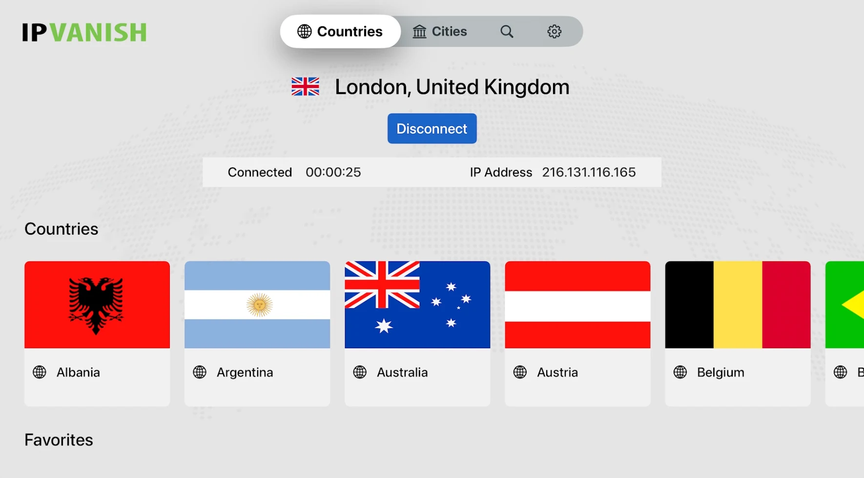 User interface of the IPVanish tvOS app showing connection status to London, United Kingdom, with an IP address displayed. A menu lists countries with flag icons, including Albania, Argentina, Australia, Austria, and Belgium.