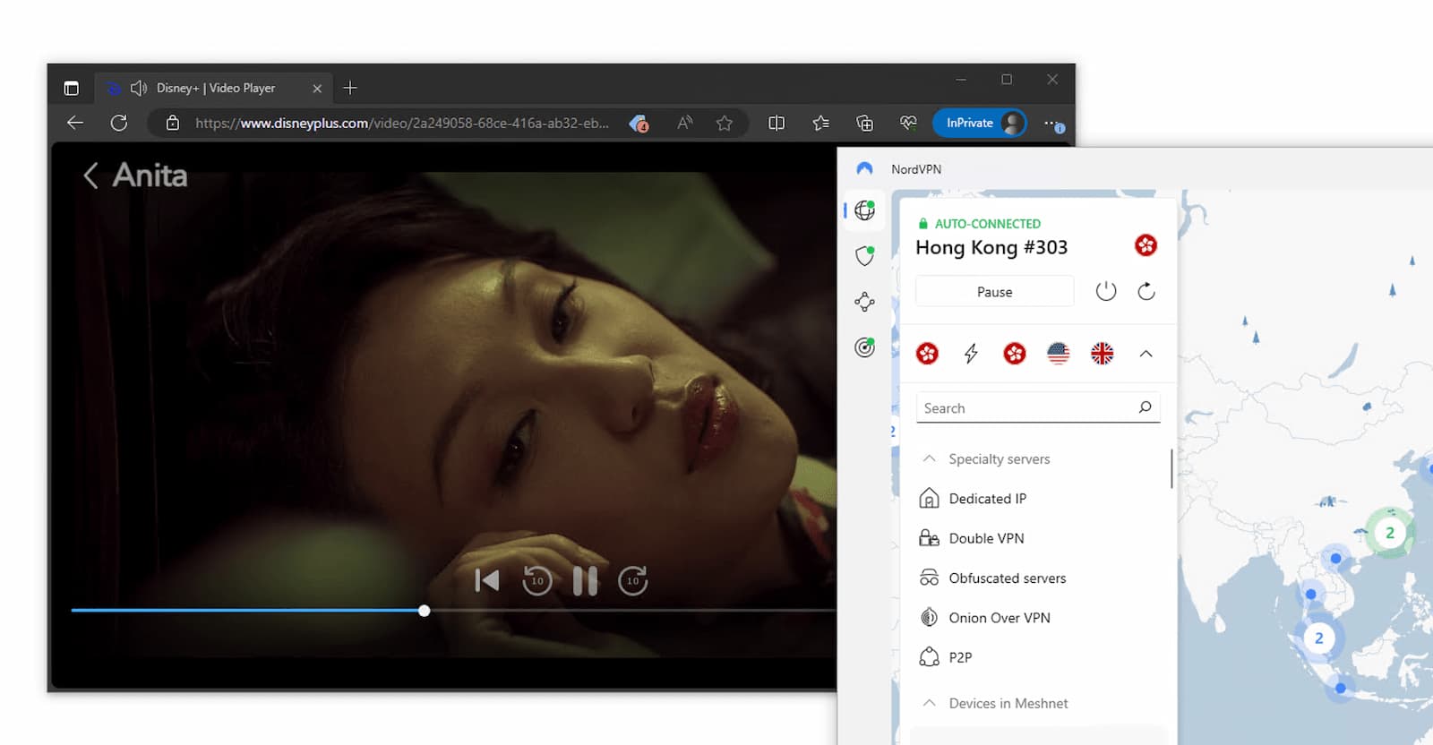 Streaming Anita on Disney+ while connected to NordVPN's Hong Kong server.
