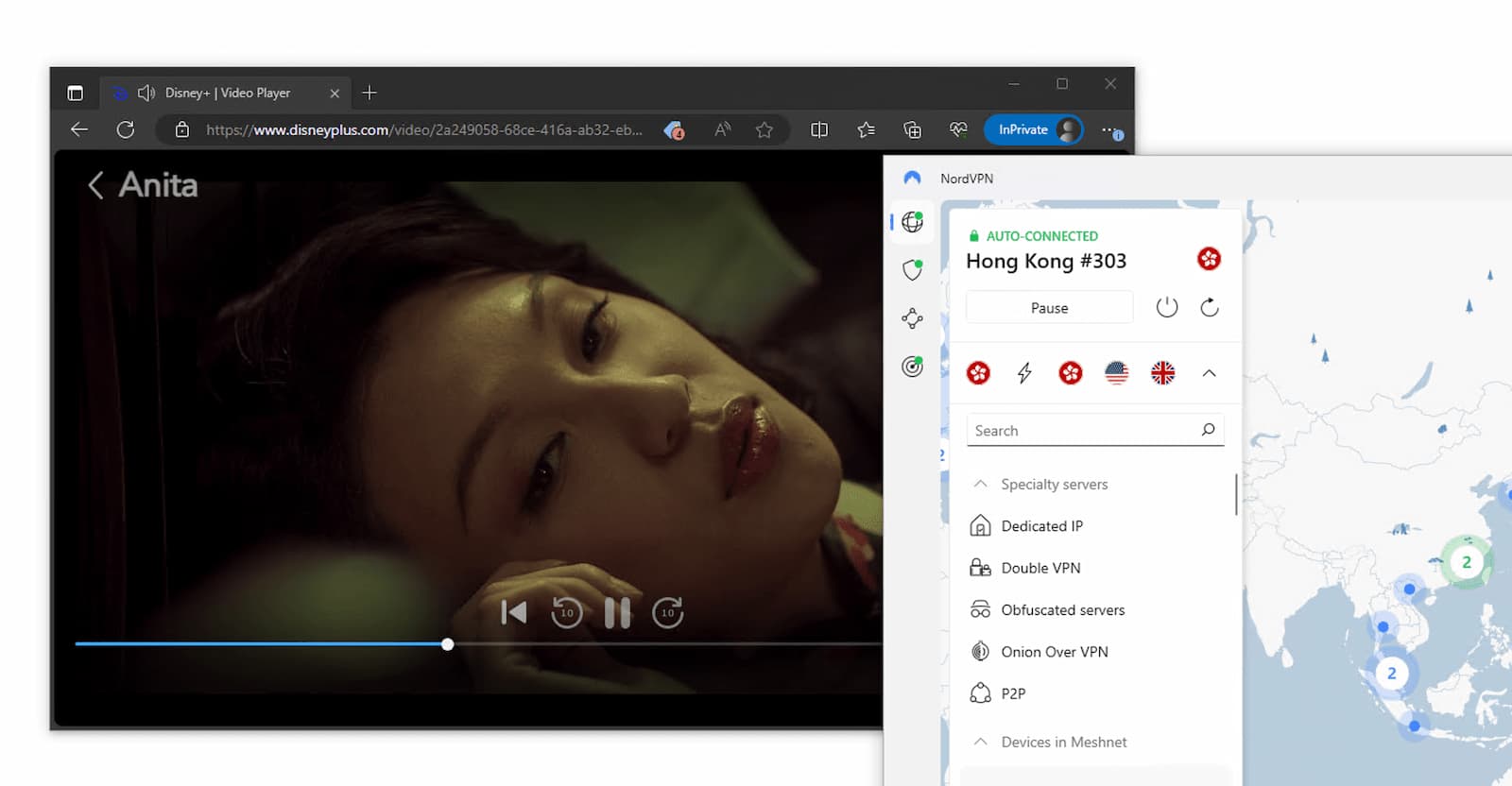 Streaming Anita on Disney+ while connected to NordVPN's Hong Kong server. 