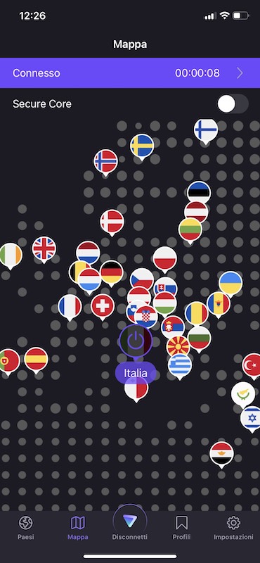 ProtonVPN connesso all'Italia