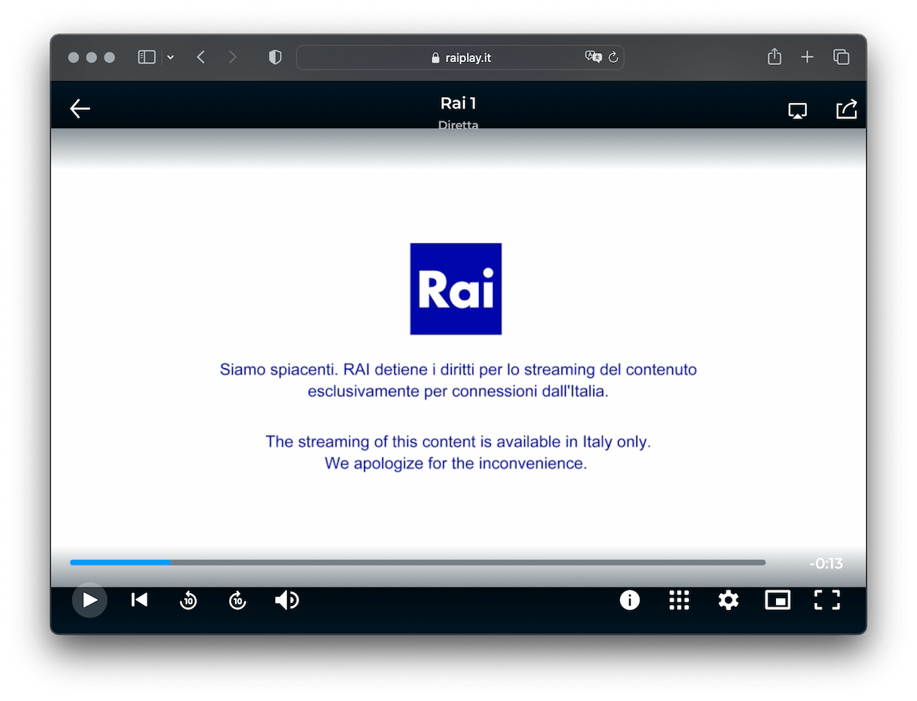 RaiPlay error message 