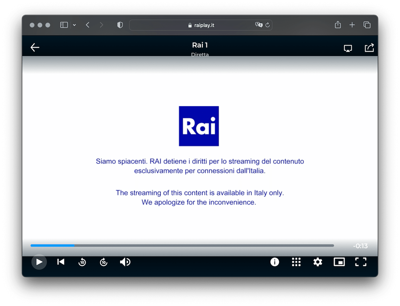 RaiPlay error message