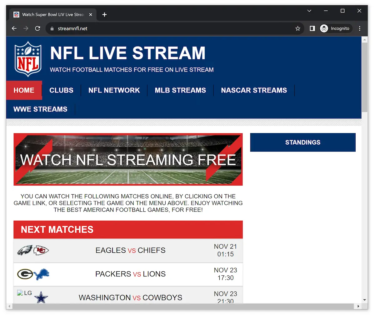 The image shows StreamNFL.net's Home Screen. The main part of the page advertises free NFL streaming and lists upcoming matches with their respective dates and times.