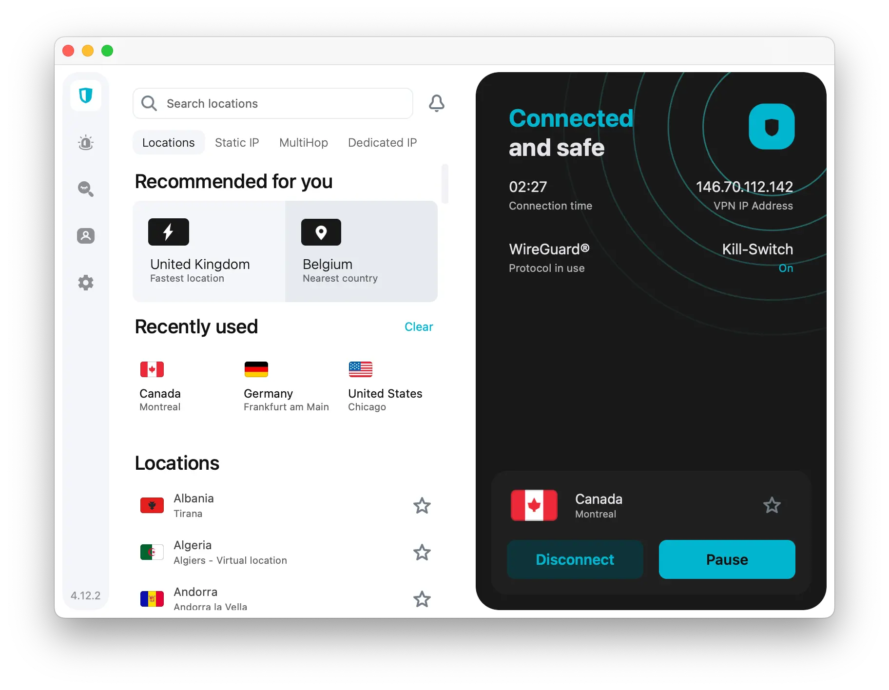 Homescreen of Surfshark's macOS application