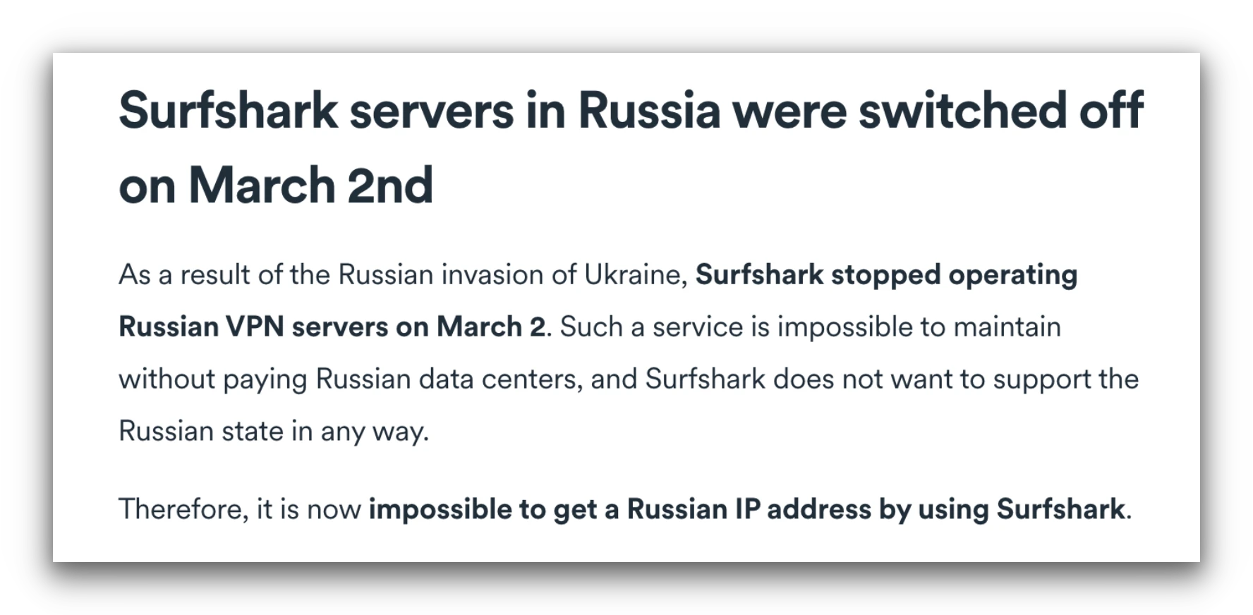 Screenshot of Surfshark's statement on its website addressing the removal of its Russia servers
