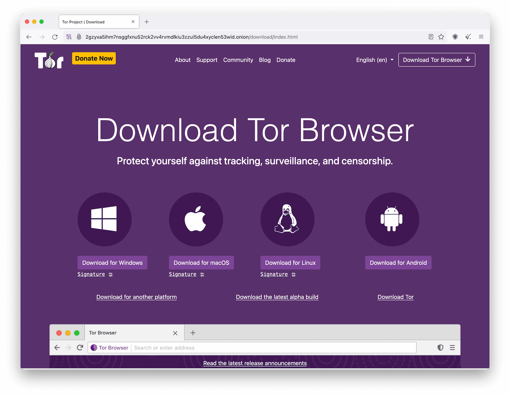 The different devices the Tor Browser is available on.