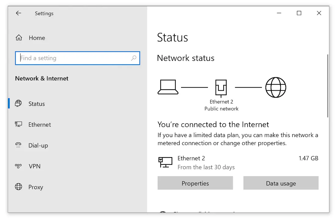 A Windows settings window showing Network status. Menu items for Status, Ethernet, Dial-up, VPN, and Proxy are visible on the left.