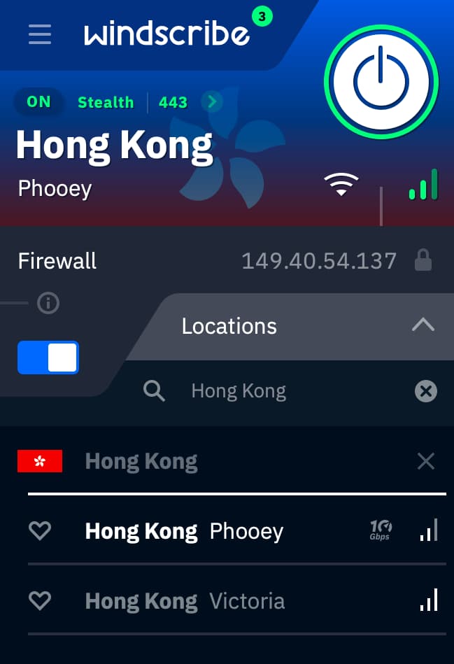 Windscribe Free's Hong Kong servers.
