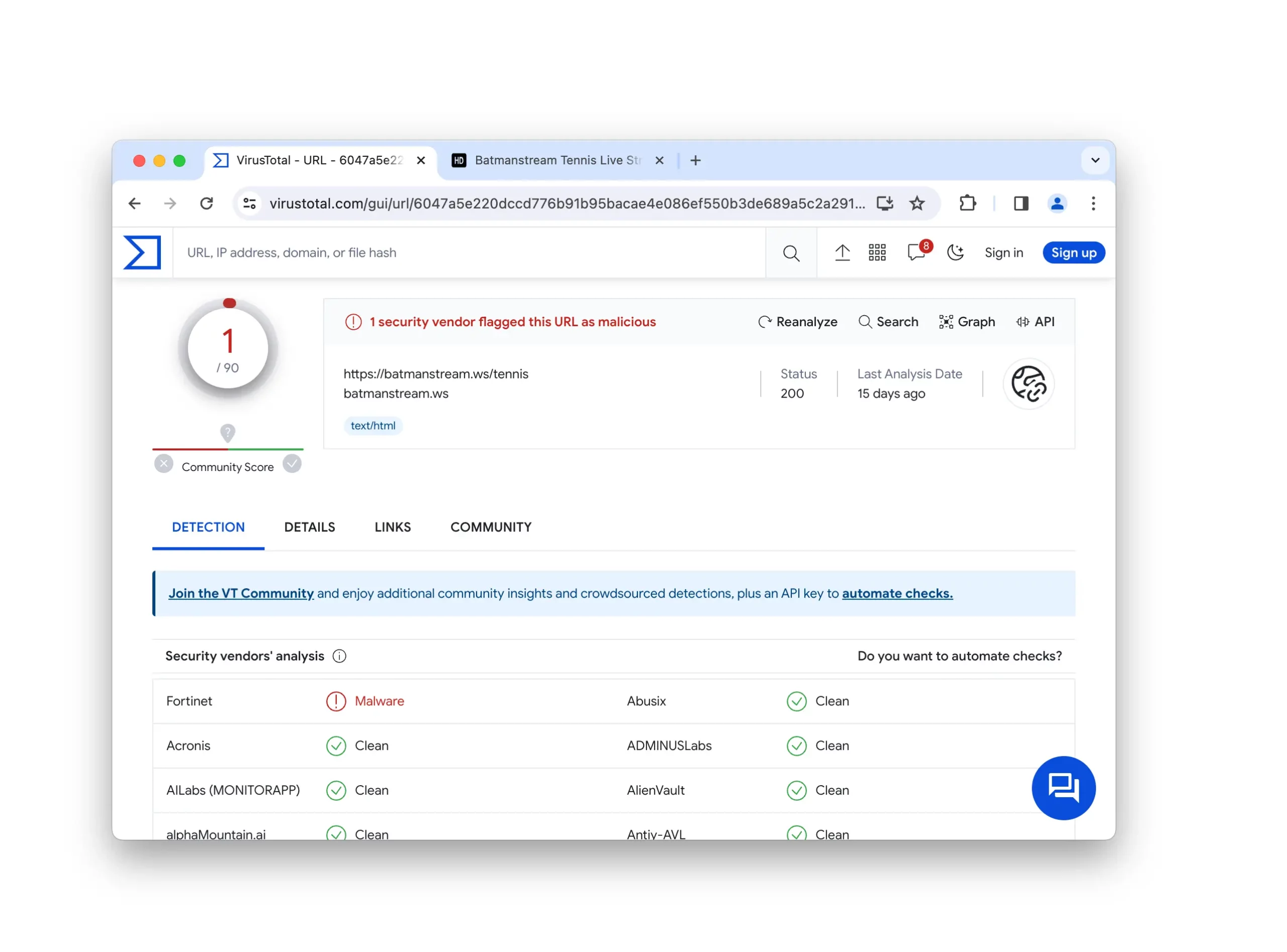 Batmanstream.ws malware tests