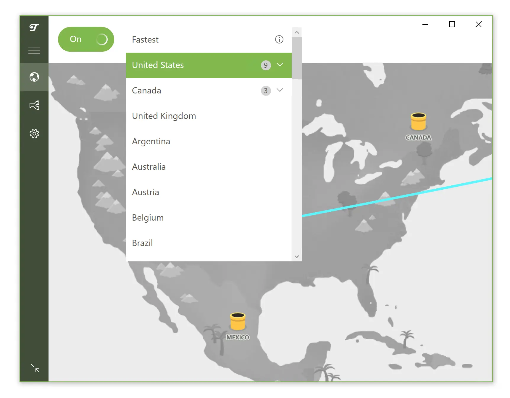 Menu de servidores da TunnelBear VPN