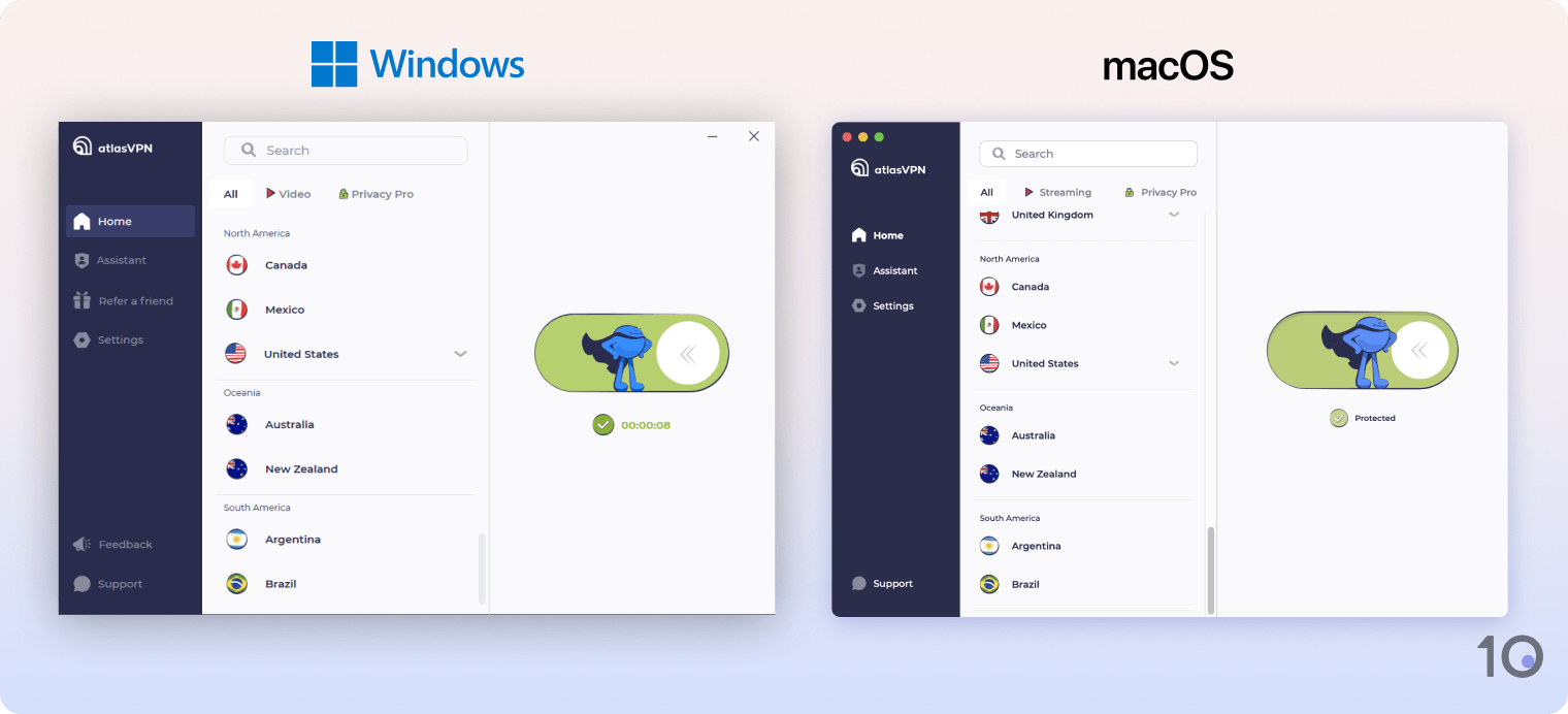 Atlas VPN's apps for Windows and macOS