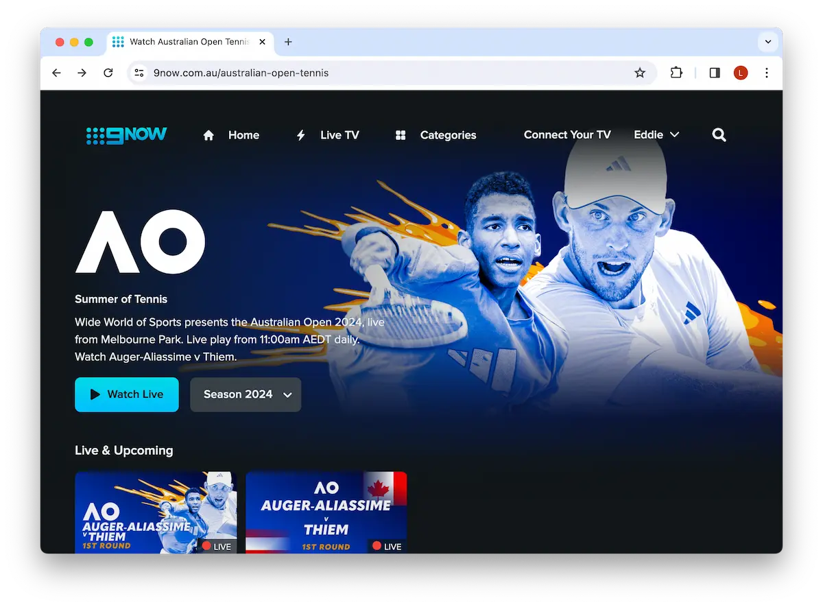 Home page of 9Now, showing its coverage of the Australian Open