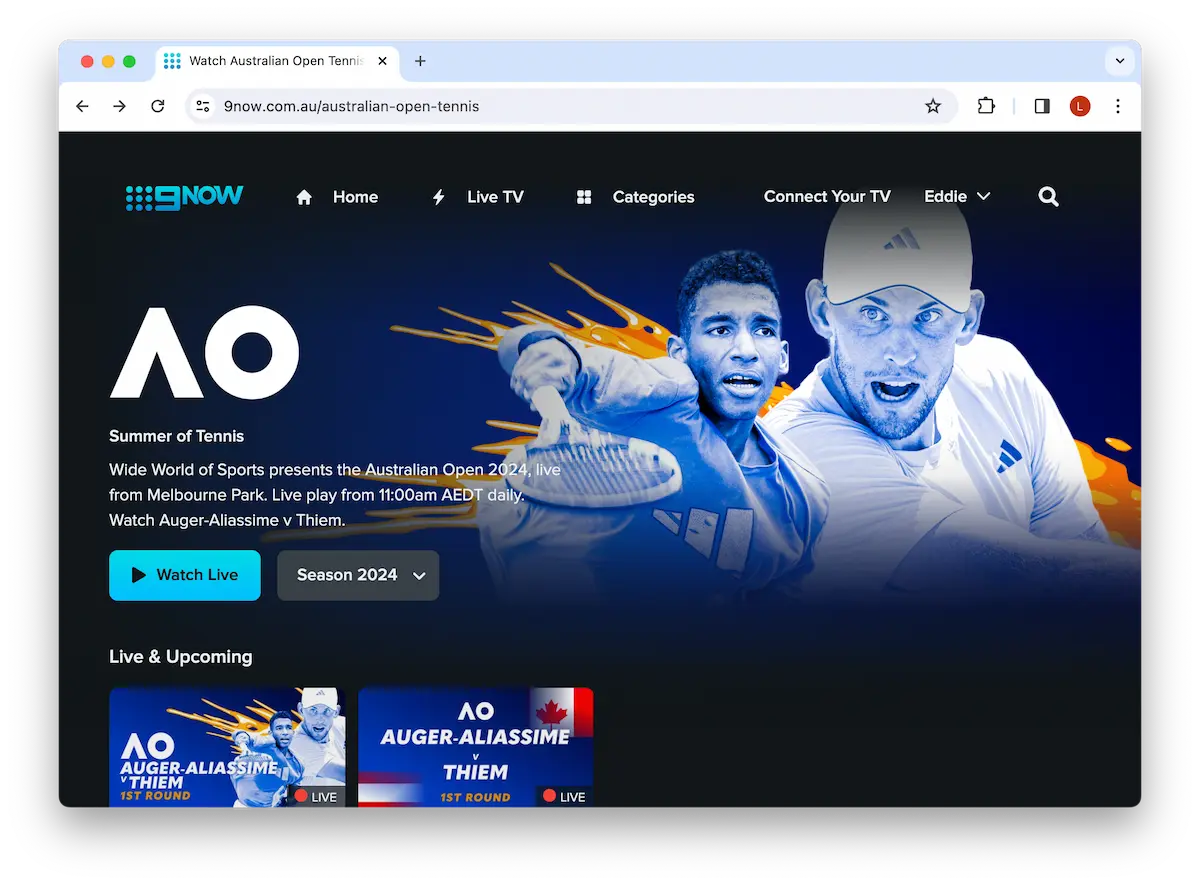 Home page di 9Now che mostra la copertura degli Australian Open