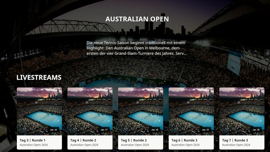 Banner for the Australian Open on ServusTV's Firestick app, showing a stadium with a crowd, and schedule thumbnails for livestreams from January 16 to 20, 2024. German text announces the season's start with this event in Melbourne.