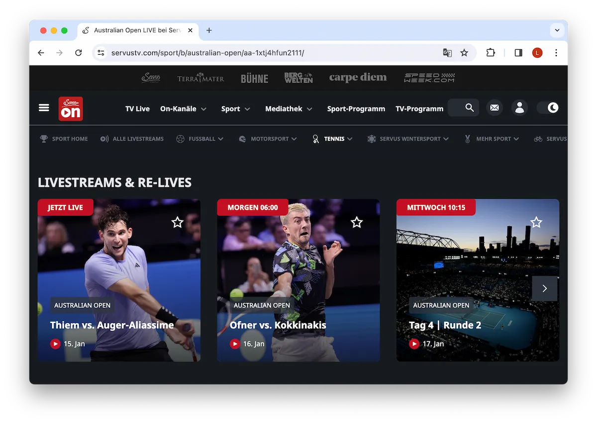 Streams of the Australian Open being shown on the ServusTV website