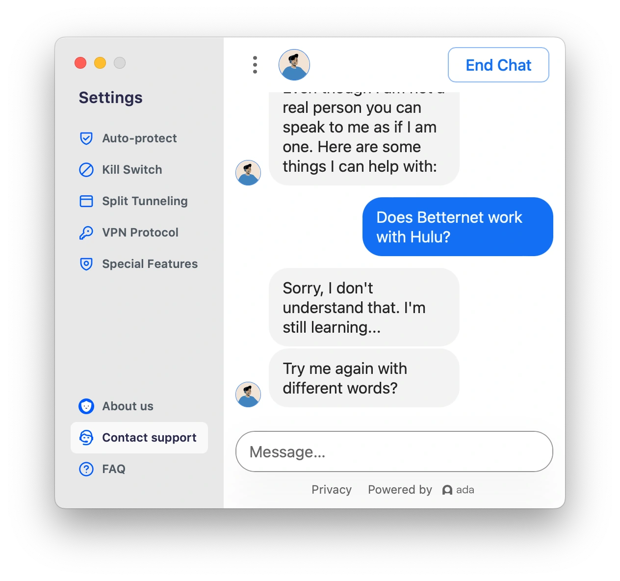 Betternet's automated Chatbot