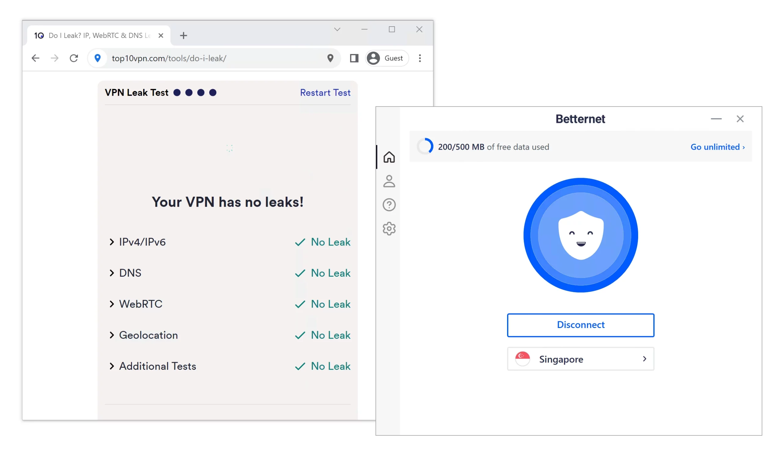 Using our VPN Leak Test tool on Betternet