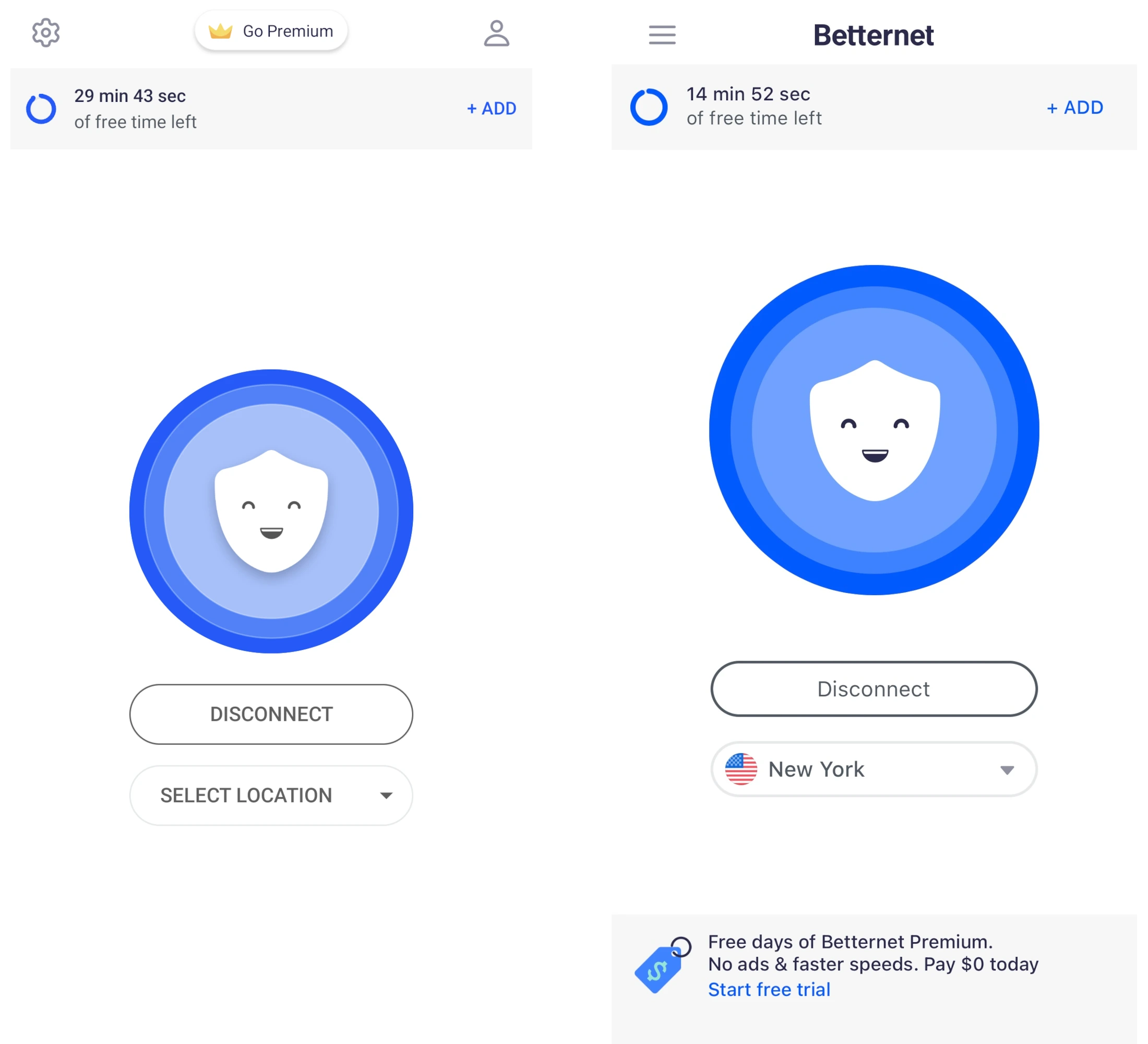 Betternet's iOS and Android apps side-by-side
