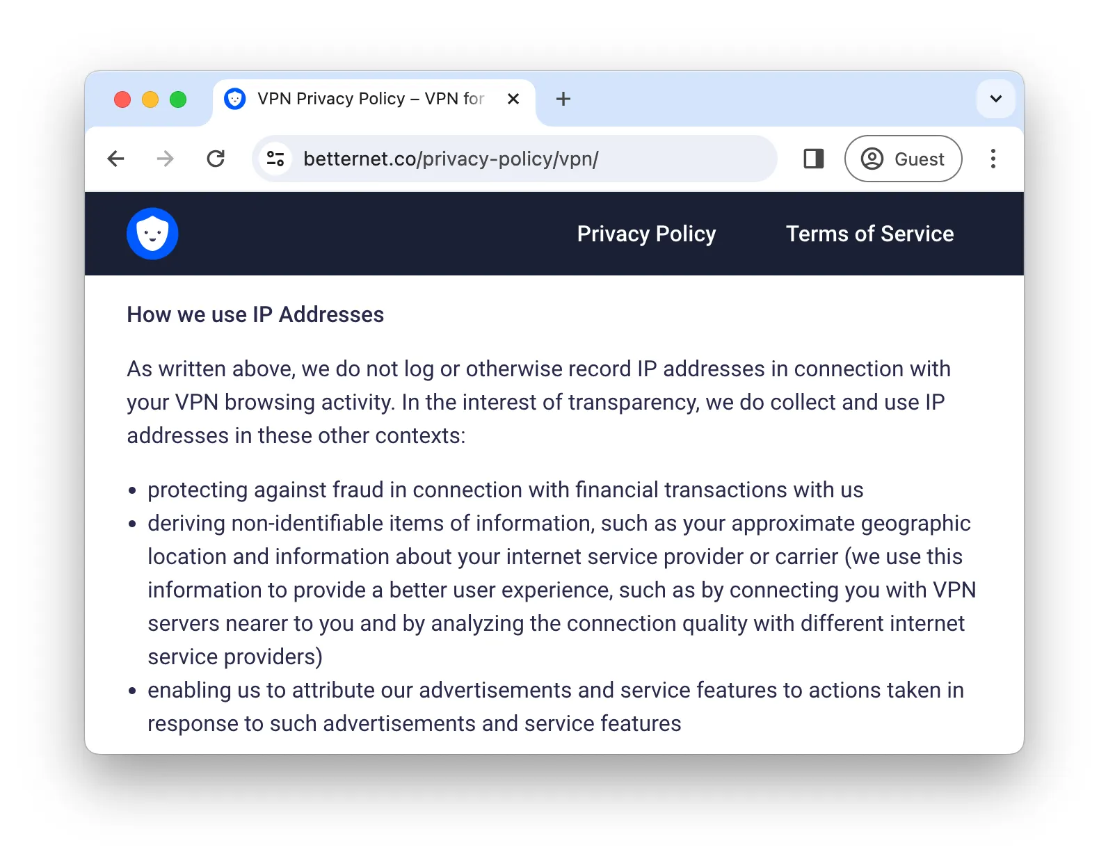 Extract from Betternet's privacy policy