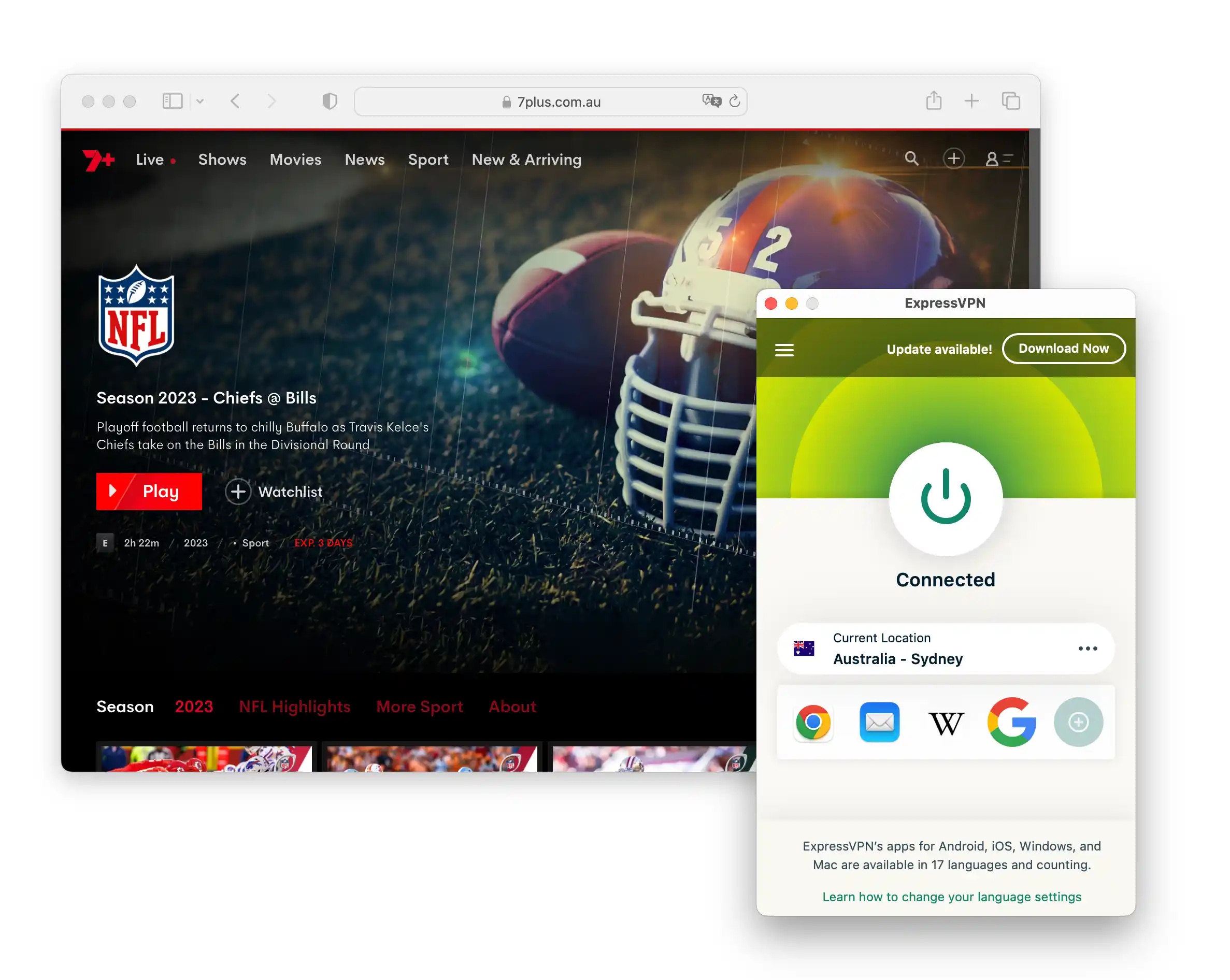 Usando a ExpressVPN para contornar bloqueios geográficos de sites de streaming que transmitem o Super Bowl
