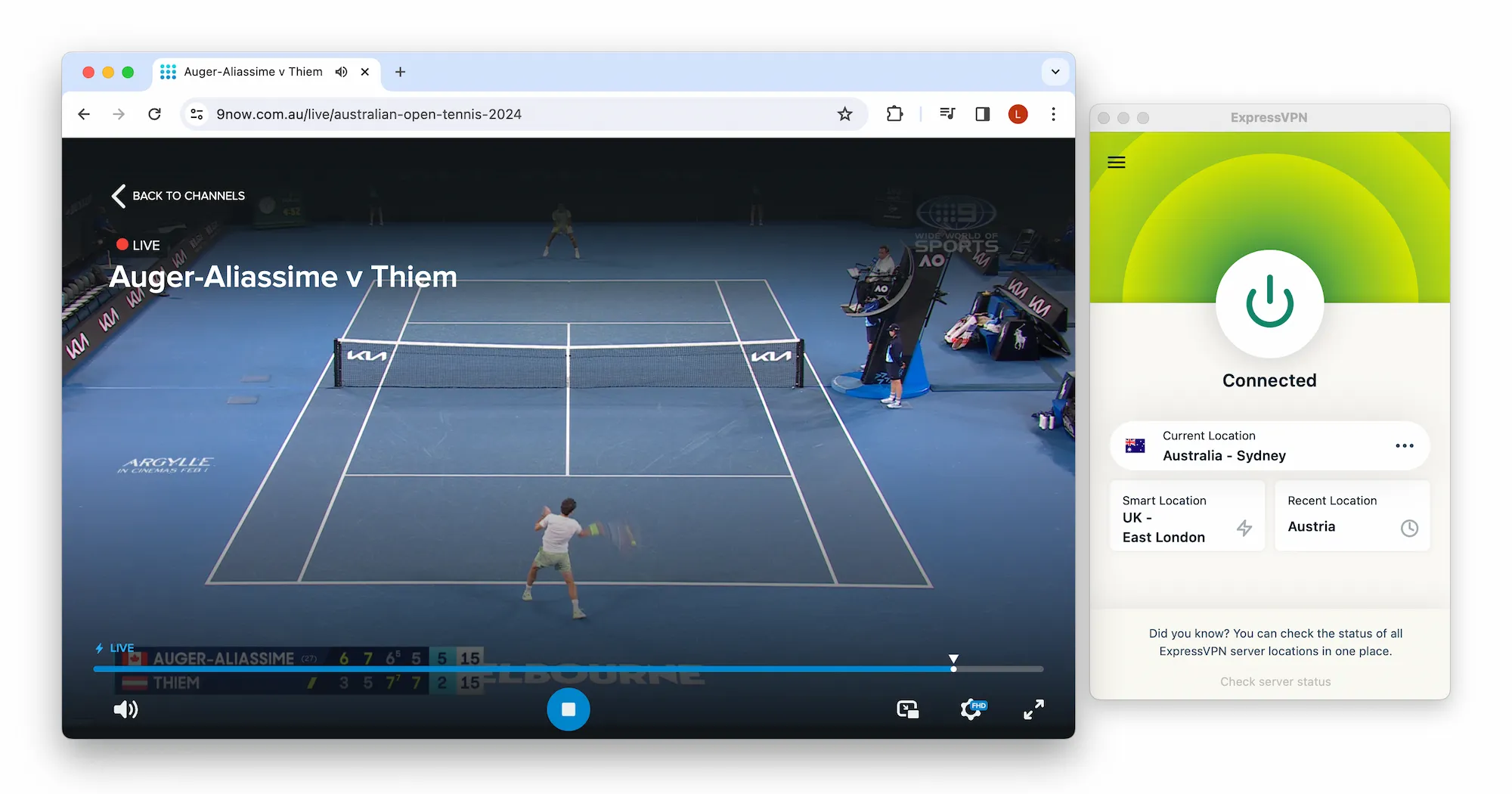 Accessing live streams of the Australian Open on 9Now using ExpressVPN.