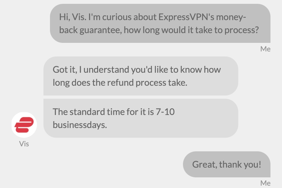 Screenshot of conversation with ExpressVPN's live chat support.