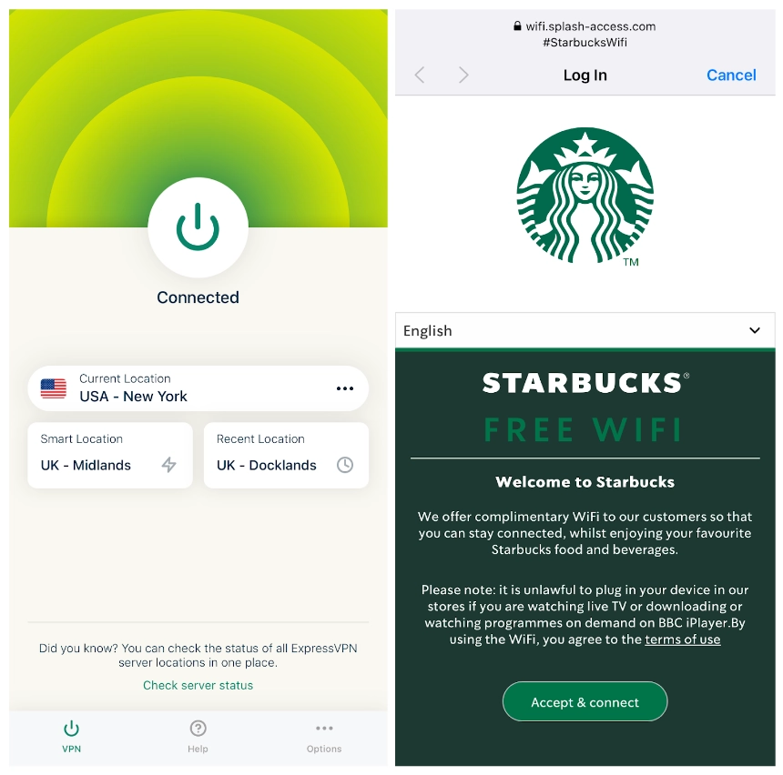 Screenshots of ExpressVPN connected to a server and Starbucks Free WiFi permissions on iPhone.