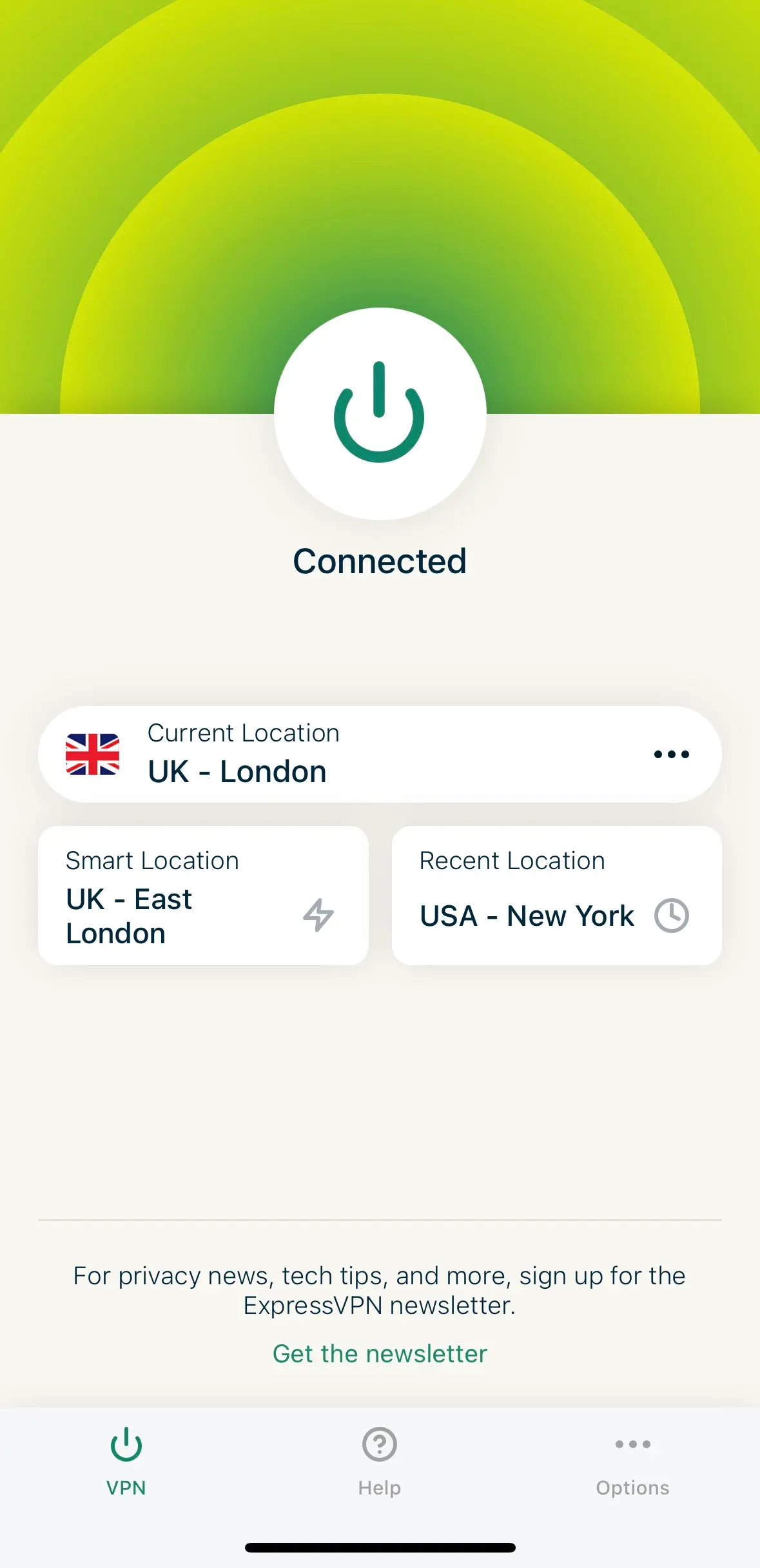ExpressVPN iOS app connected to a UK server
