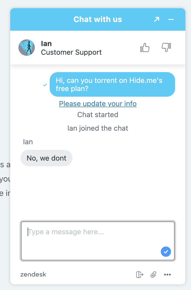 Contacting Hide.me's live chat about its torrenting policy