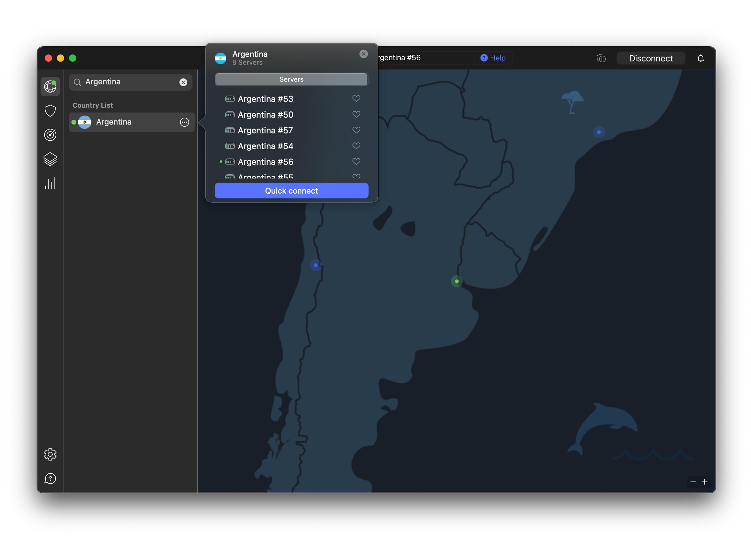 NordVPN 맥OS 버전에서의 아르헨티나 서버